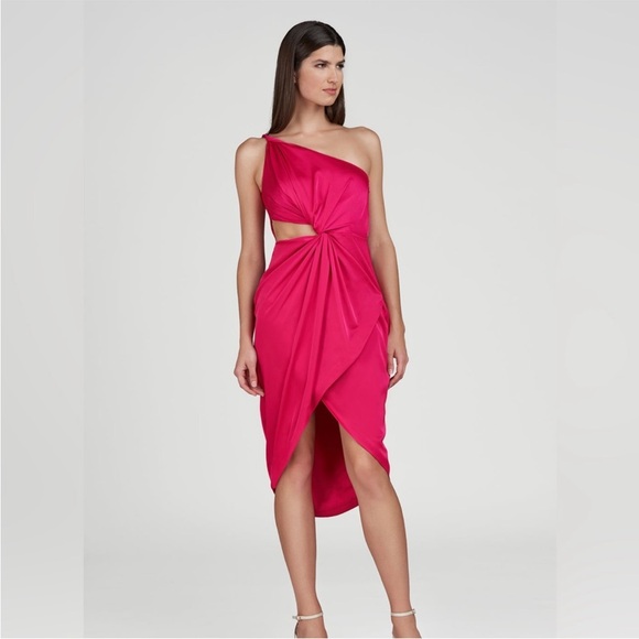 AMUR Deena‎ One Shoulder Midi Dress in Rosie Raspberry Hot Pink Satin Cut Out 4 - Picture 3 of 15